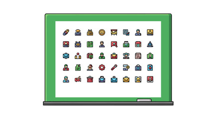 A vibrant collection of minimalistic, filled-color icons presented on a green presentation board, featuring user interface elements, business symbols, and communication graphics, perfect for web and