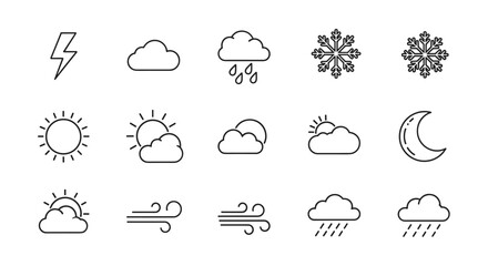A comprehensive set of thin line weather icons, featuring symbols for lightning, rain, snow, sun, clouds, moon, and wind, presented in a clean, modern outline style suitable for graphic design, web