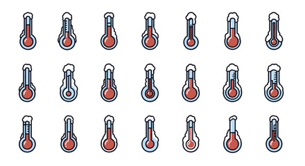 Set of 18 stylized thermometer icons with varying temperature readings, some showing snow or frost, presented in a clean, modern cartoon vector illustration style on a white background, perfect for
