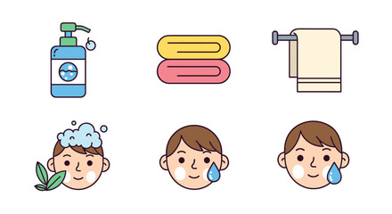 Vibrant flat vector mini-illustrations depicting children's face care essentials, including a soap dispenser, stacked towels, a towel on a rack, a child's face with shampoo and leaves, and a child's