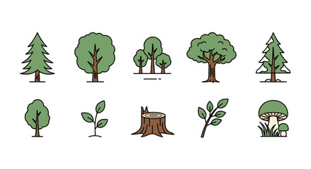 A collection of simple, thin line icons representing various trees, a sapling, a tree stump, a branch with leaves, and mushrooms, all in a cartoon vector style with a clean white background, perfect