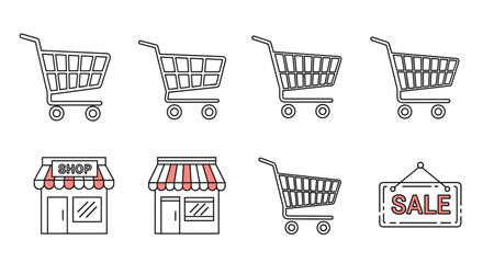 A collection of clean, modern line art icons representing shopping carts, storefronts, and a sale sign, all rendered in a minimalist style on a white background. This vector set is perfect for