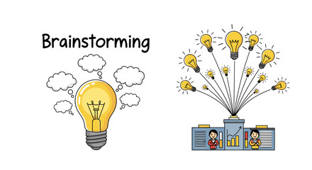 Creative brainstorming session with a large glowing lightbulb surrounded by thought bubbles on the left, and a business strategy icon collection set with multiple lightbulbs emanating from a central