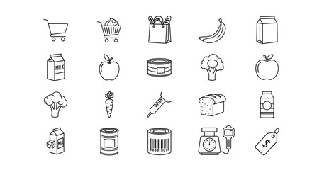A collection of modern, simple, and clean line art vector icons representing various grocery items and shopping elements, perfect for digital design and e-commerce platforms. Includes shopping carts