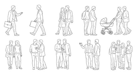 Collection of hand-drawn outline vector illustrations depicting people in various poses: walking, standing, and interacting, including business professionals with briefcases, couples, a family with a