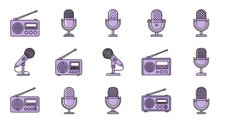 Collection of vintage and modern microphones and radios, perfect for podcasting, broadcasting, music, and audio recording themes. This vector illustration set features clean, flat design icons with a