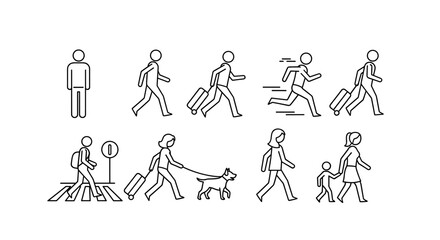 Diverse set of line art icons depicting people in various motion states: standing still, walking, running, and crossing a street, some with luggage, a backpack, a dog on a leash, and a child. This