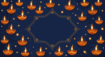 Vibrant Diwali background with traditional diyas illuminating the night sky, adorned with intricate patterns and sparkling stars, offering ample space for text, perfect for festive invitations and