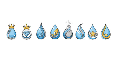 Collection of eight stylized water drop logos, each featuring unique designs like crowns, diamonds, swirling water, leaves, and stars, presented on a clean white background, ideal for branding and