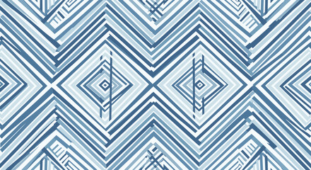 Seamless abstract geometric pattern featuring interlocking chevrons and diamond shapes in varying shades of blue and white, creating a dynamic and modern vector background with a simple lattice