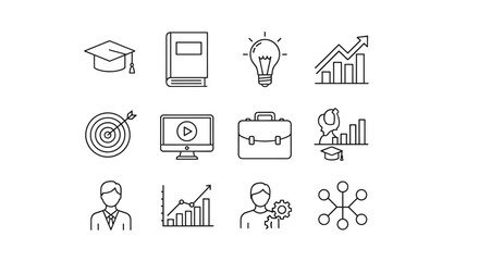 Editable line icon set for personal growth, career development, e-learning, and training, featuring symbols for upskilling, skill enhancement, workflow, and professional advancement, presented as a