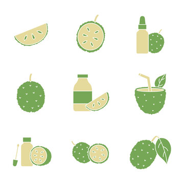 Guyabano icon set, graviola tropical fruit glyph pictograms, soursop oil, guanabana juice symbols