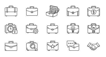 Collection of thin line icons representing briefcases and business concepts, perfect for web, books, cards, and apps. Includes icons for time, security, gears, money, ideas, search, and