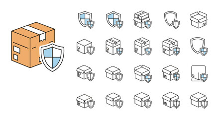 Set of isometric icons representing secure package delivery, featuring cardboard boxes protected by shields, symbolizing safety and reliability for logistics, e-commerce, and shipping services