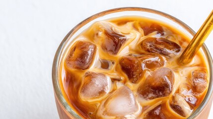 Iced coffee with milk swirls and a golden straw melts.
