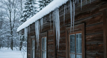 Winter scene of a wooden cabin with icicles hanging from the roof.