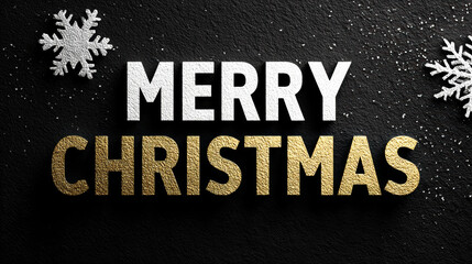 Fototapeta premium Luxurious Merry Christmas greeting. 3D gold and white text with snowflakes on a dark stone background. Elegant holiday banner.
