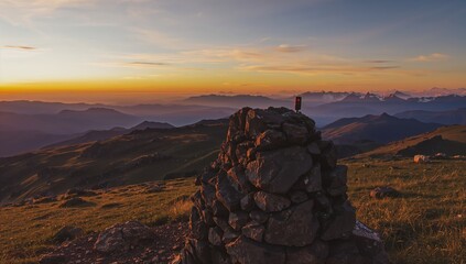 Kasprowy Wierch peak with weather station instruments at sunset, showcasing the panoramic view of the High Tatra mountain range