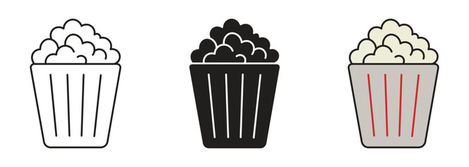 Popcorn icon set. Cinema snack symbol. Pop corn bucket vector illustration. 