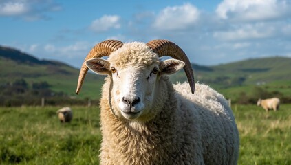 Fototapeta premium Great curly horns obscure the face of a mountain sheep on the Dingle Peninsula, Ireland, erosion risk