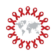 World aids day. Red ribbons circle a world map, symbolizing global awareness.