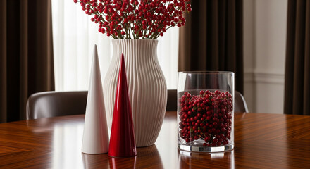 Red Berry Decor on Elegant Wooden Table