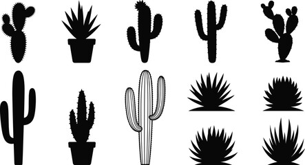 Silhouette cactus and succulents, black plant shapes, potted botanical icons, minimal vector design, desert flora concept, decorative nature illustration © Ideasy Mind