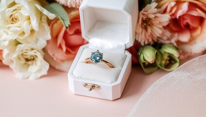 Elegant ring with gemstone placed in floral box on soft pink surface, aesthetic display for special occasions
