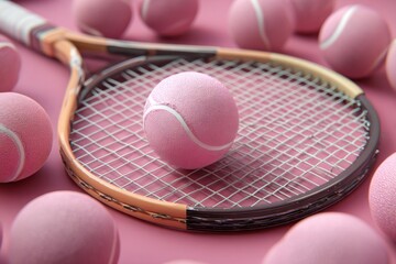 Vibrant Pink Tennis Court with Racket and Balls
