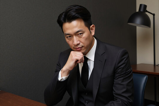 Stressed, pensive Asian businessman in a suit, sitting alone in a dark office. This professional man looks worried, anxious, or overworked, contemplating a difficult problem or feeling burnout