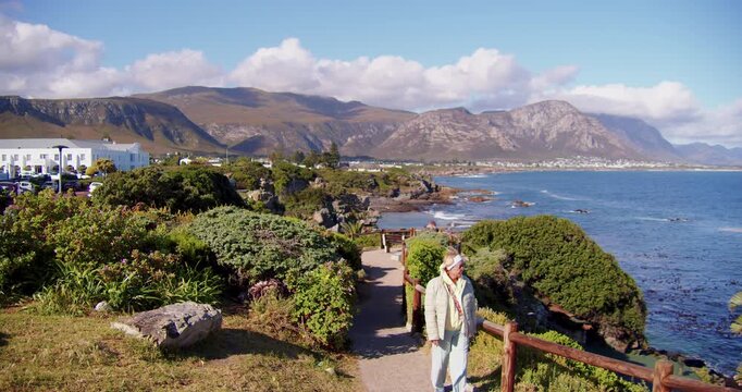 Panorama of the Atlantic Ocean coastline in the town of Hermanus, known as a whale mating ground.