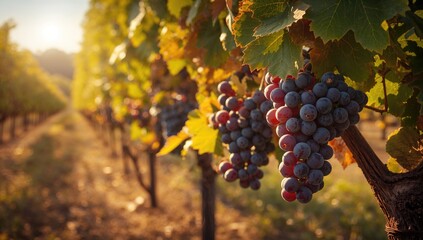 Naklejka premium A vibrant photo of wine grapes on a vine in a vineyard, showcasing the approach of autumn harvest, seasonal change