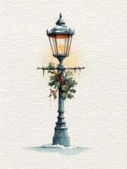 Winter evening scene of a lamp post adorned with holiday decorations in a snow-covered setting