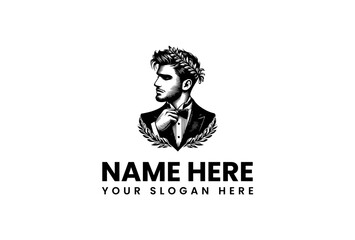 Sophisticated Emblem A Stylish Portrait with Laurel Wreath and Tuxedo for a Bespoke Brand or Service
