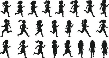 Silhouette girl running, standing poses, black outline figures, motion and posture variation, minimal vector design, athletic gesture concept, character movement illustration