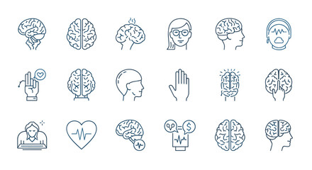 Set of simple linear icons representing the human brain and mental health concepts, including different views of the brain, emotional states, and cognitive processes. Minimalistic line art pictograms
