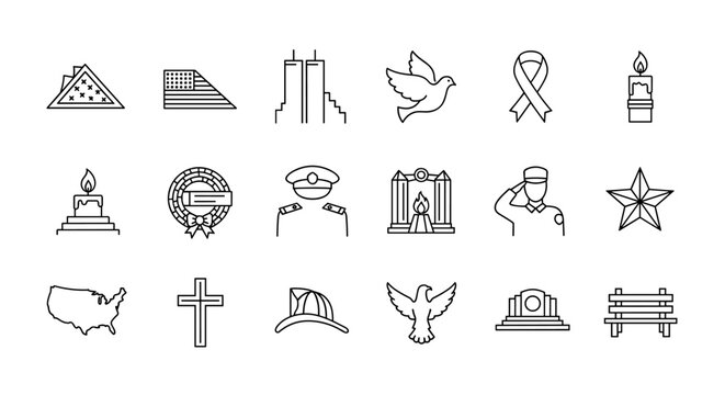Patriot Day Memorial Outline Icon Bundle: A Collection of Black Line Icons on White Background Featuring American Symbols, Remembrance, and Peace, Perfect for Commemorative Designs and Tributes.