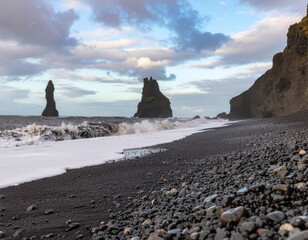 Dramatic black sand beach with powerful ocean waves crashing against iconic basalt sea stacks under a moody sky