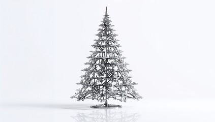 Steel Christmas tree on a white backdrop, seasonal decor