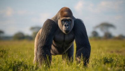 Naklejka premium A large silverback gorilla moving forward on all fours in bright sunlight, showcasing the strength of wildlife