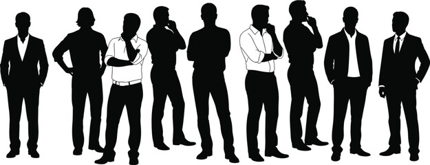 Silhouette men standing, business casual poses, black outline figures, male group, posture variation, minimal vector design, fashion gesture concept, social identity