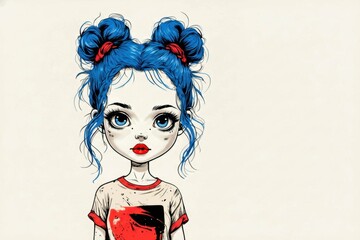 A hand-drawn portrait of an anime-style girl with bright blue hair styled into loose, cosmic buns. She has large eyes and is wearing a graphic print t-shirt against a solid background.