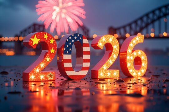 A festive 2026 countdown display with illuminated numbers, each adorned with the flags of China and the USA  symbolizing international celebration or partnership  set against a backdrop of fireworks a - Powered by Adobe
