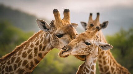 Naklejka premium Adorable Giraffes Embracing in a Serene African Landscape During Sunset with Soft Light and Lush Greenery