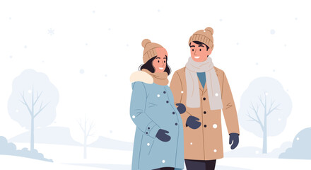A pregnant woman and her husband enjoy a winter walk together, perfect for family and parenting resources in Motherhood and Wellness materials.