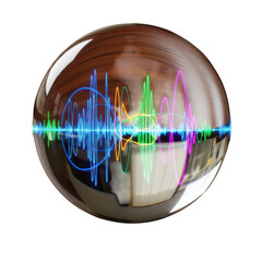 Colorful sound wave visualizations refracted within a glass sphere on a background audio music isolated on a transparent background