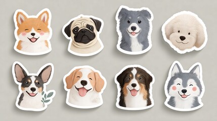 Fototapeta premium Cartoon dog breed sticker collection with adorable faces isolated on grey. Clean vector-style illustration, highly detailed, kawaii aesthetic, sticker-ready format