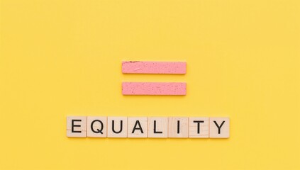 Equality symbol on bright yellow backdrop with word equality and icons representing business, gender, and democracy