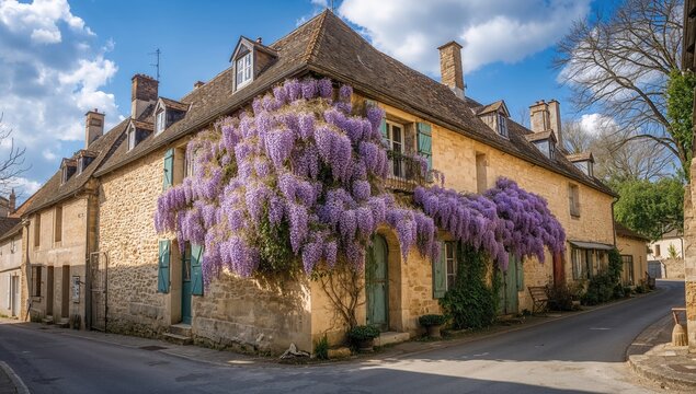 Flowering purple wisteria vine in a French village, seasonal change - Powered by Adobe