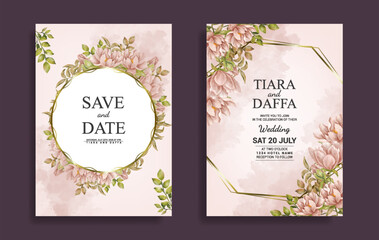 wedding invitation template with hand drawn pink flower watercolor design